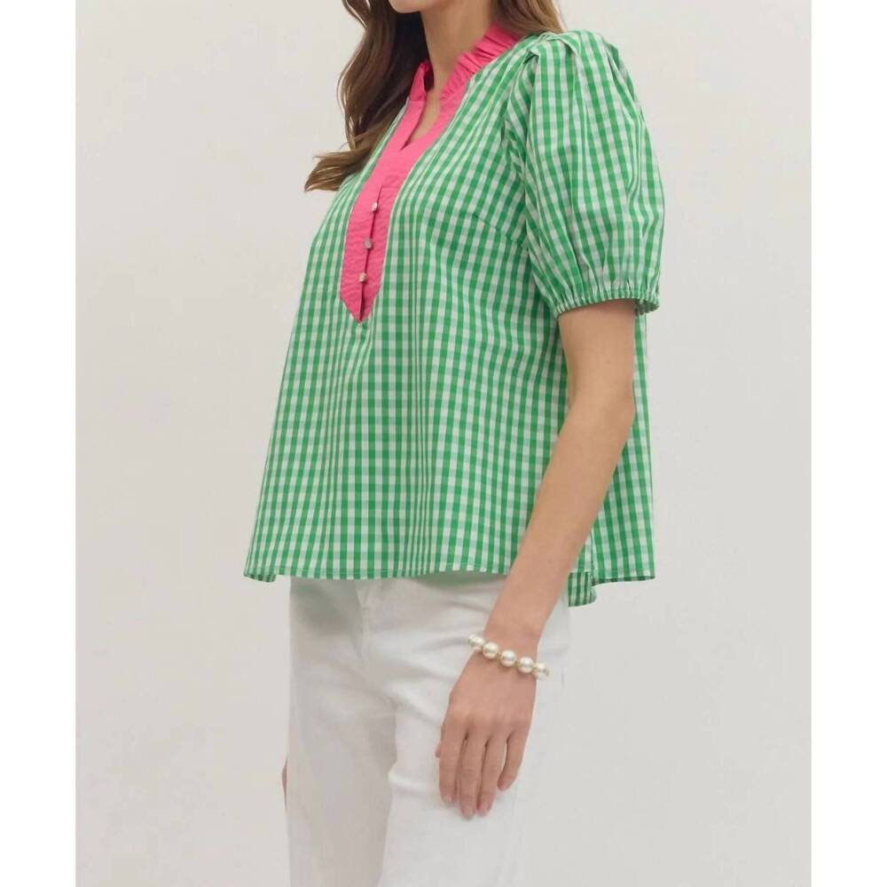 NEW ENTRO glinda gingham blouse in bright green - Picture 5 of 7